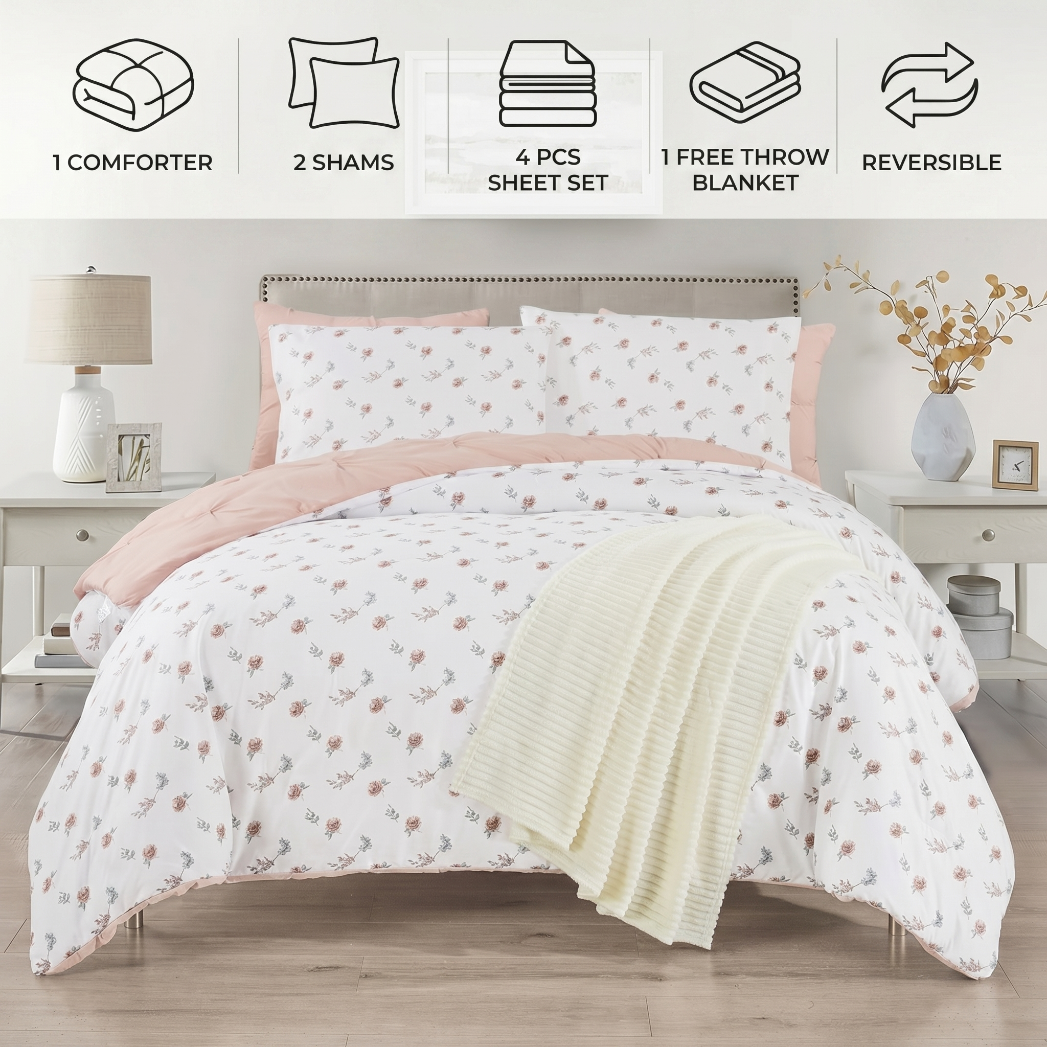 Bedding set with comforter, shams, sheet set, and throw blanket on a bed in a bedroom setting.