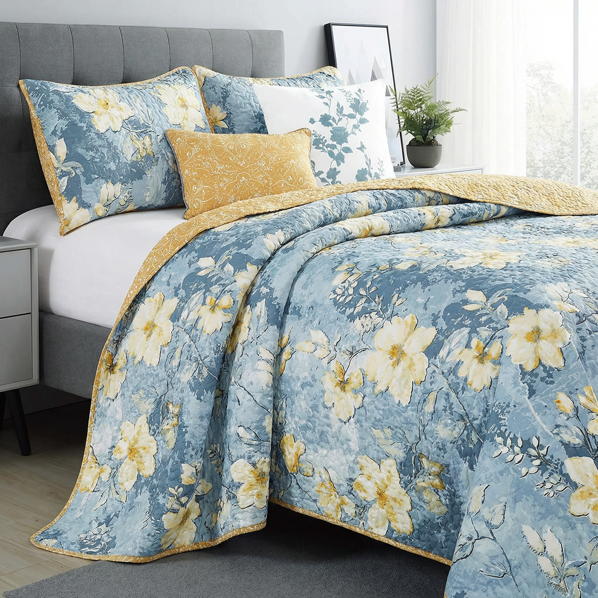 Floral bedding set on a bed with a gray headboard