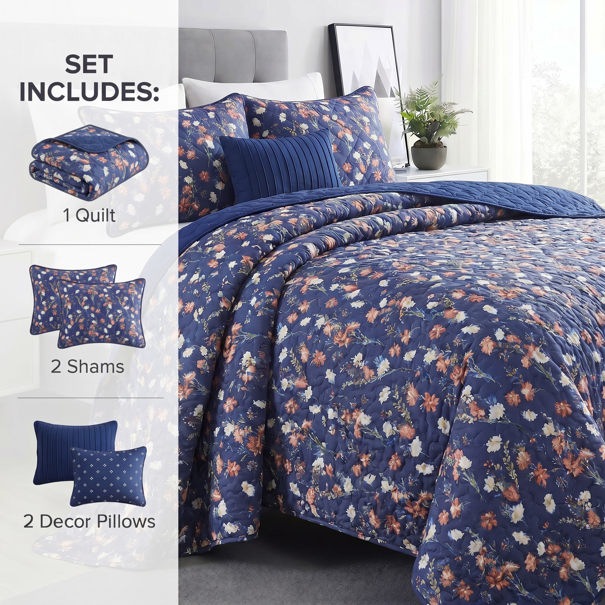 Floral bedding set with quilt, shams, and decor pillows on a bed.