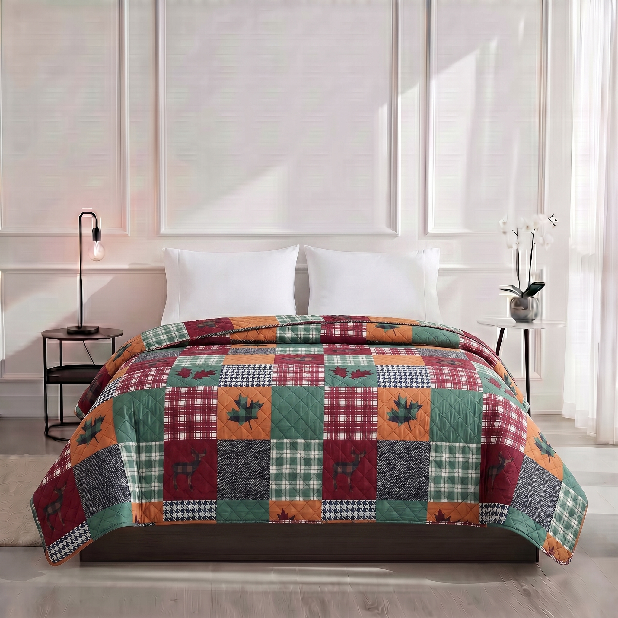 Colorful patchwork quilt on a bed in a bedroom setting