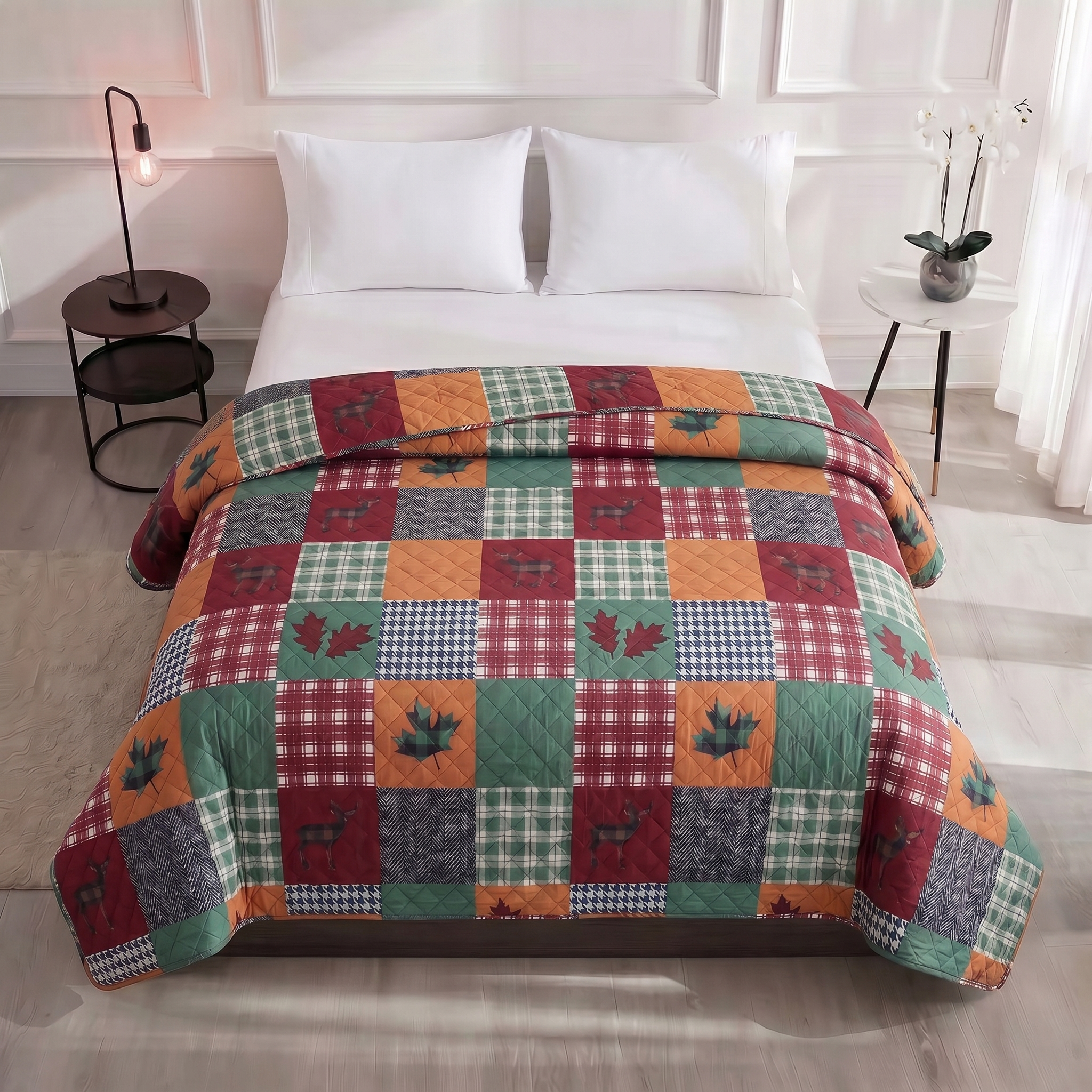 Bed with a colorful patchwork quilt in a bedroom setting