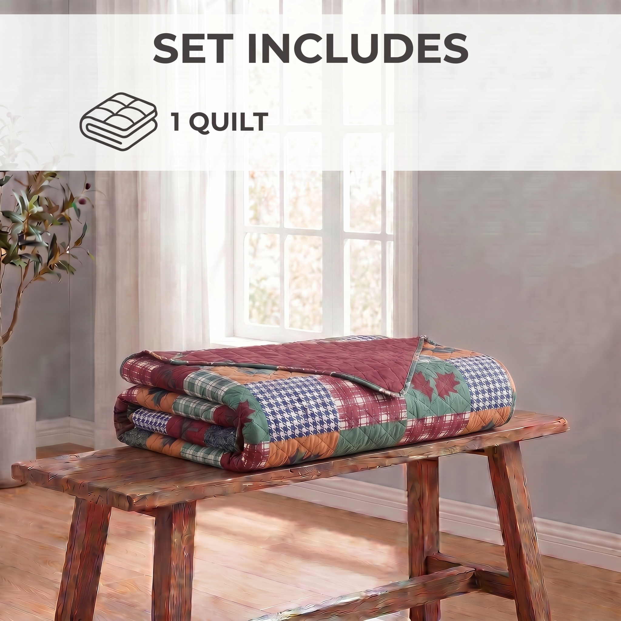 Roll-up quilt on a wooden table with a neutral background