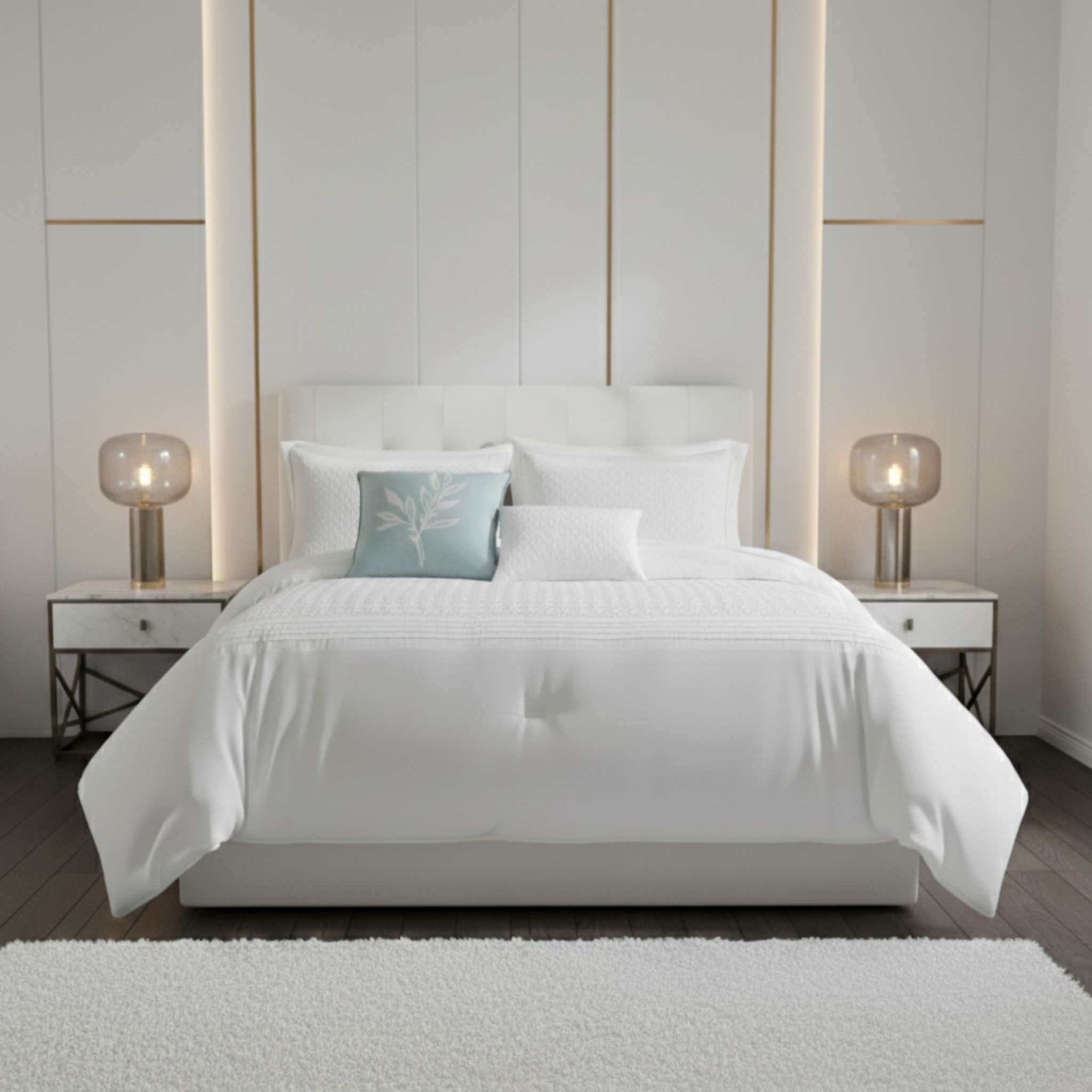 Neatly made bed with white bedding and a decorative pillow in a modern bedroom setting.